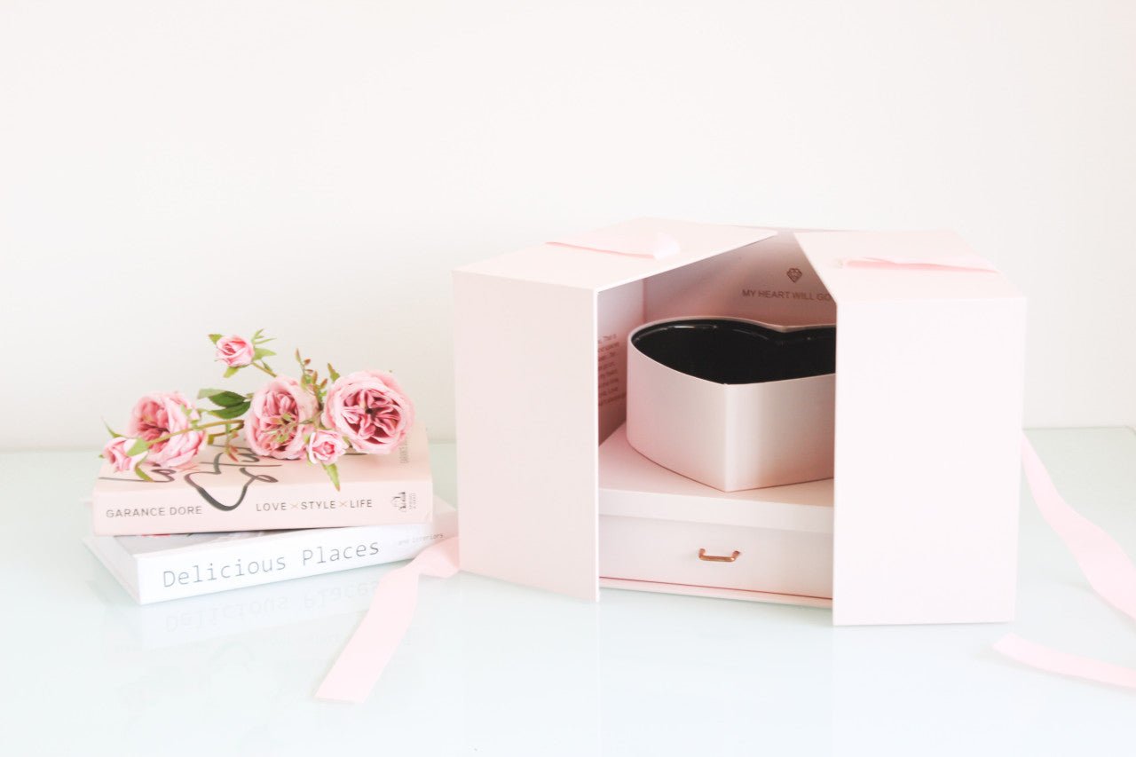 My Heart will go on Satin Square Flower Gift Box with Heart Shape and drawer - Elegant Supply