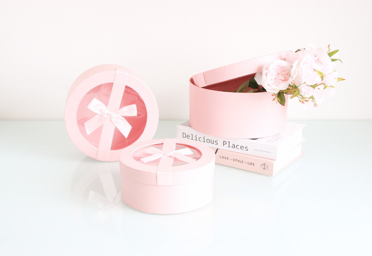 Round Flower Gift box with Clear Lid and Ribbon - Elegant Supply