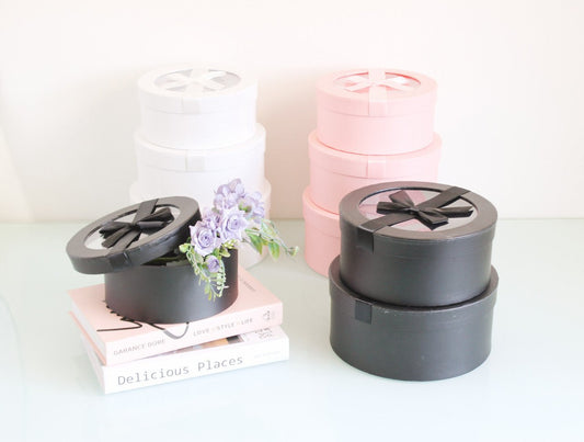 Round Flower Gift box with Clear Lid and Ribbon - Elegant Supply
