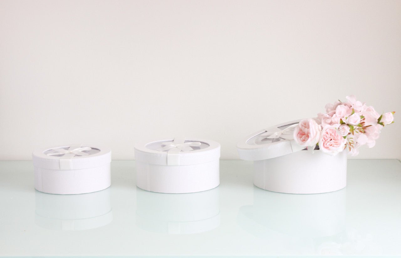 Round Flower Gift box with Clear Lid and Ribbon - Elegant Supply