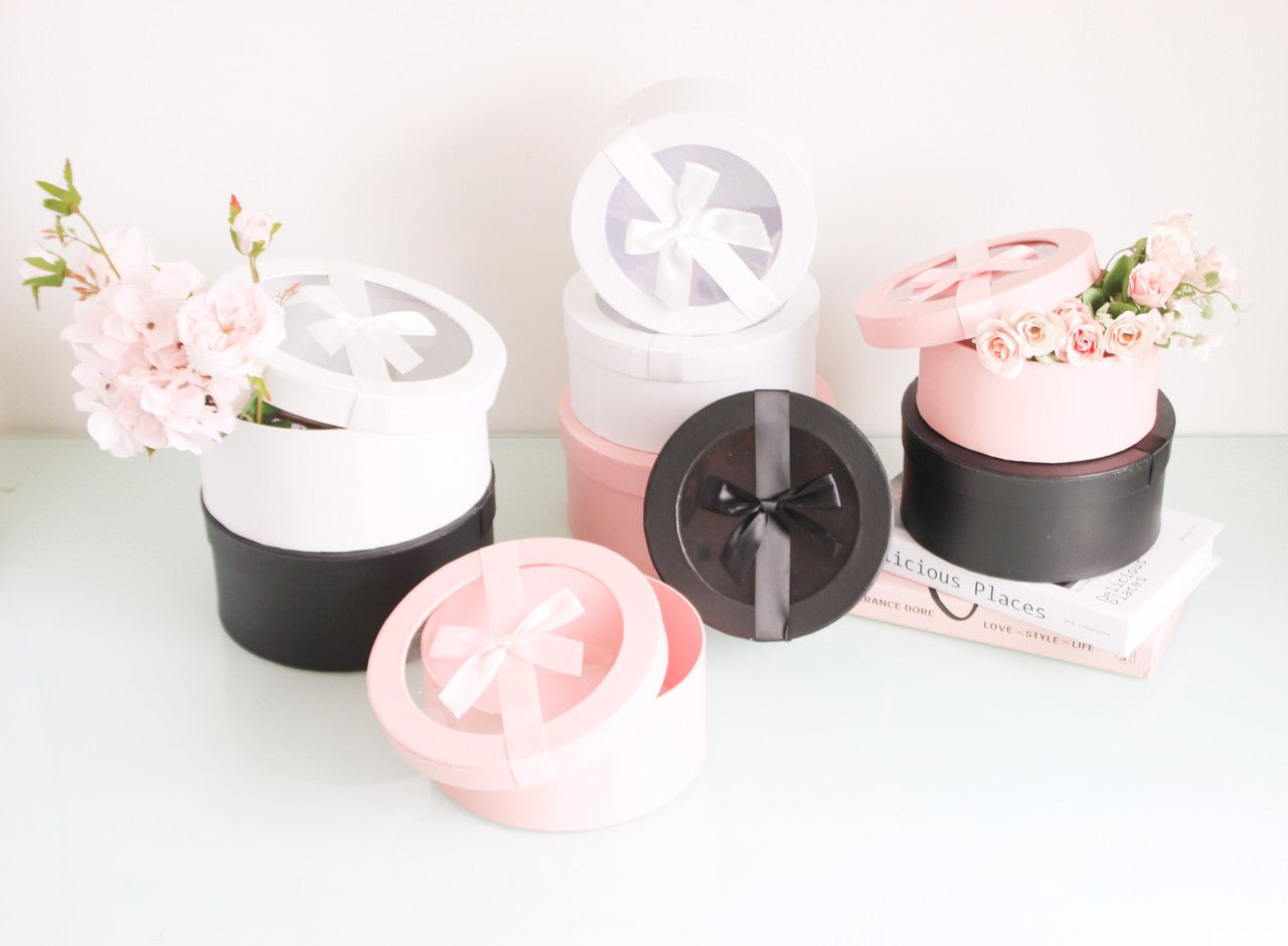 Round Flower Gift box with Clear Lid and Ribbon - Elegant Supply