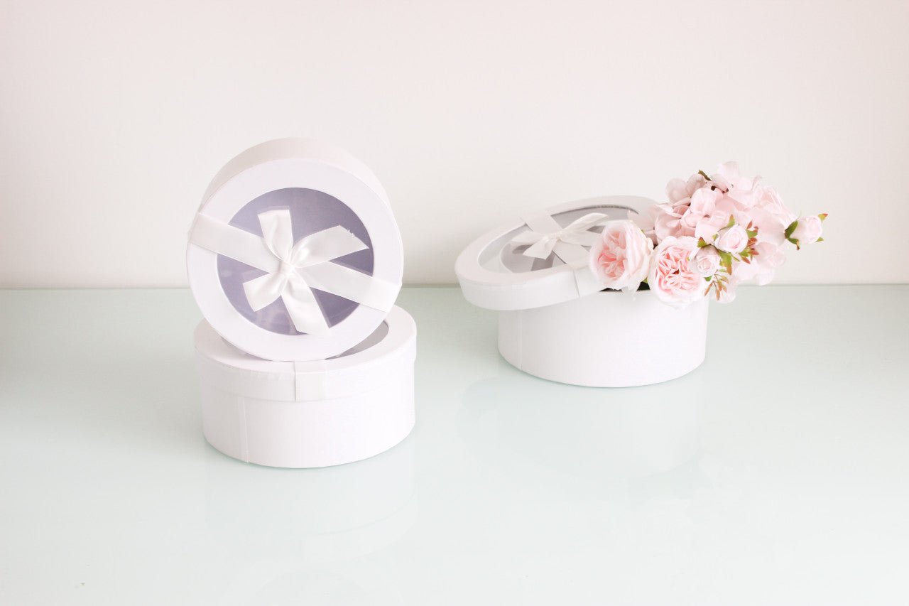 Round Flower Gift box with Clear Lid and Ribbon - Elegant Supply