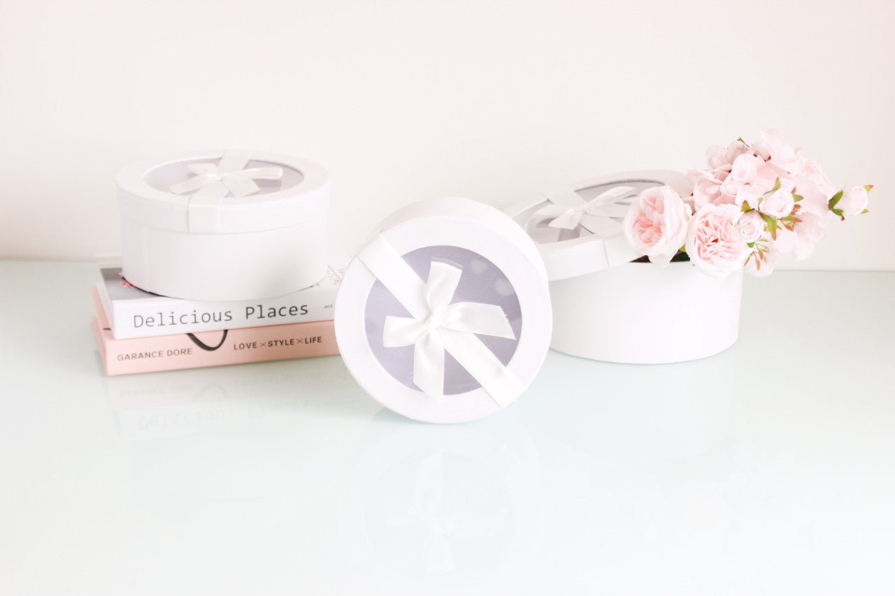 Round Flower Gift box with Clear Lid and Ribbon - Elegant Supply