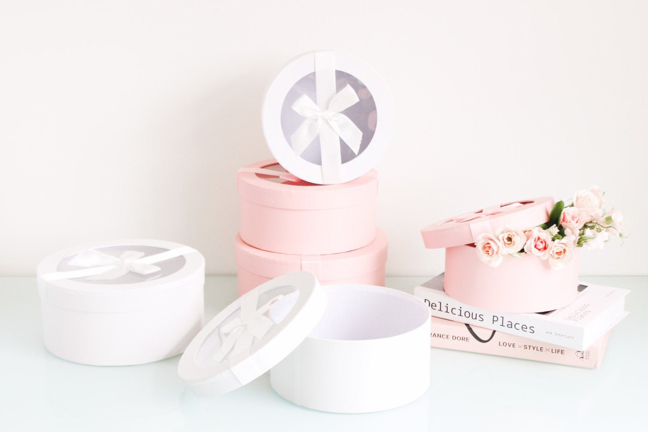 Round Flower Gift box with Clear Lid and Ribbon - Elegant Supply