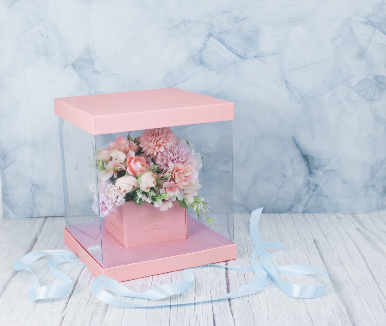 Square Clear Transparent PVC Flower Box with Lid and Base - Elegant Supply