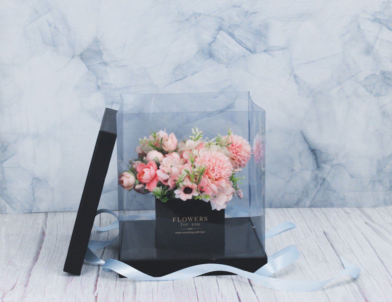 Square Clear Transparent PVC Flower Box with Lid and Base - Elegant Supply
