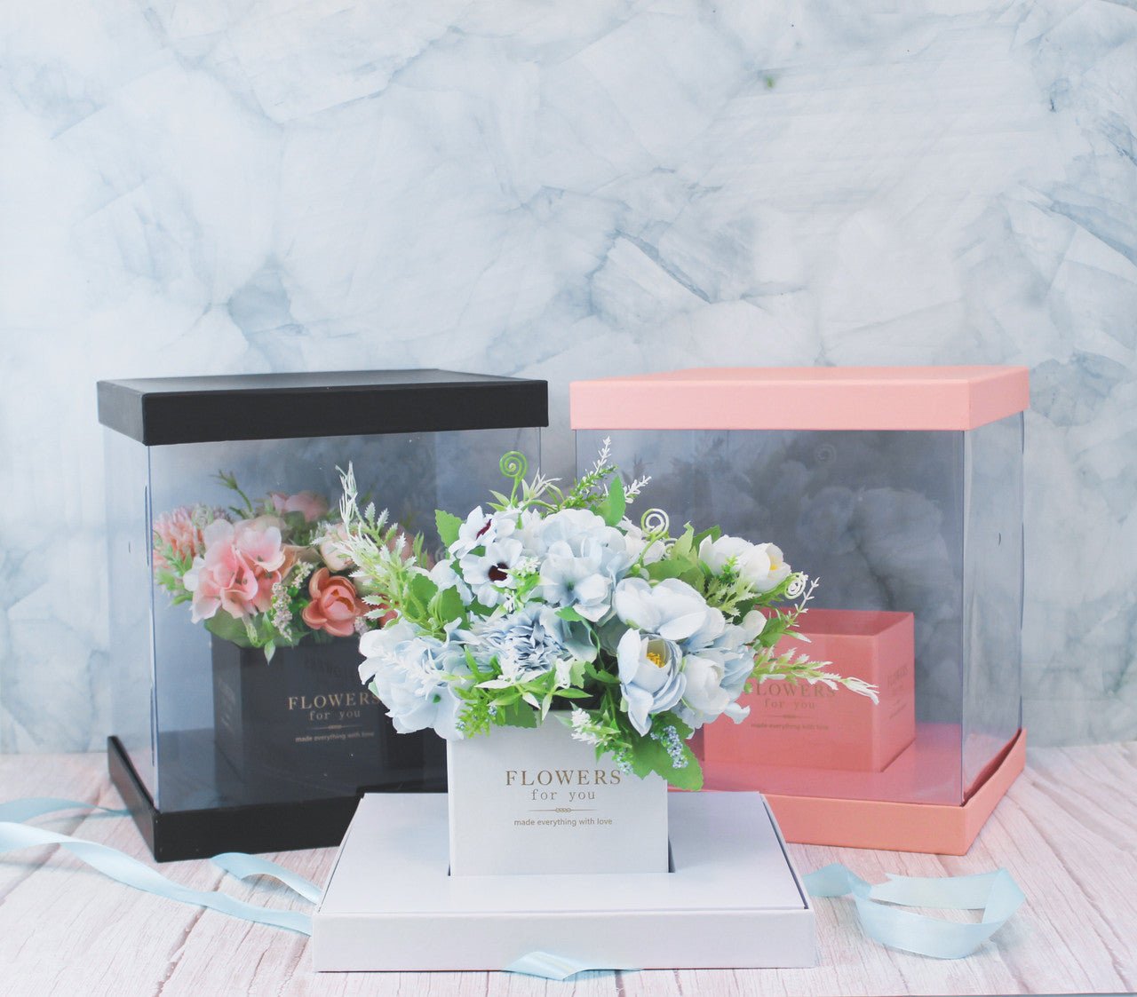 Square Clear Transparent PVC Flower Box with Lid and Base - Elegant Supply