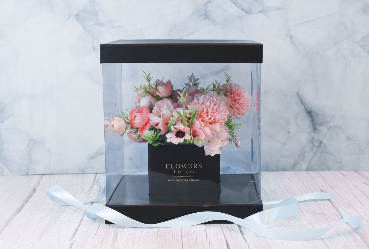 Square Clear Transparent PVC Flower Box with Lid and Base - Elegant Supply