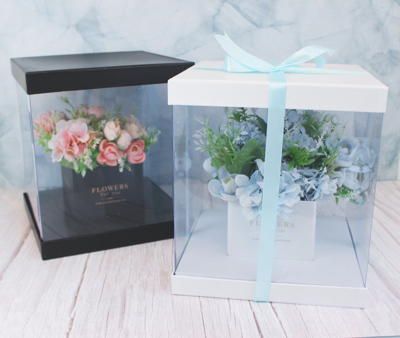Square Clear Transparent PVC Flower Box with Lid and Base - Elegant Supply