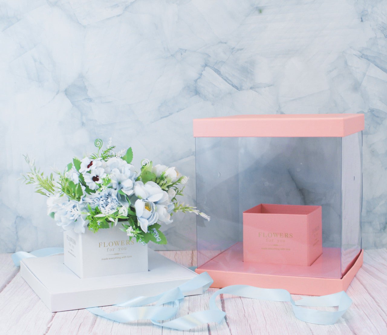 Square Clear Transparent PVC Flower Box with Lid and Base - Elegant Supply