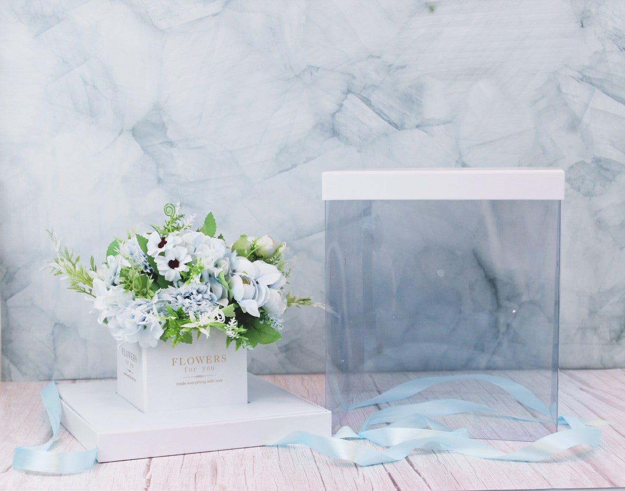 Square Clear Transparent PVC Flower Box with Lid and Base - Elegant Supply