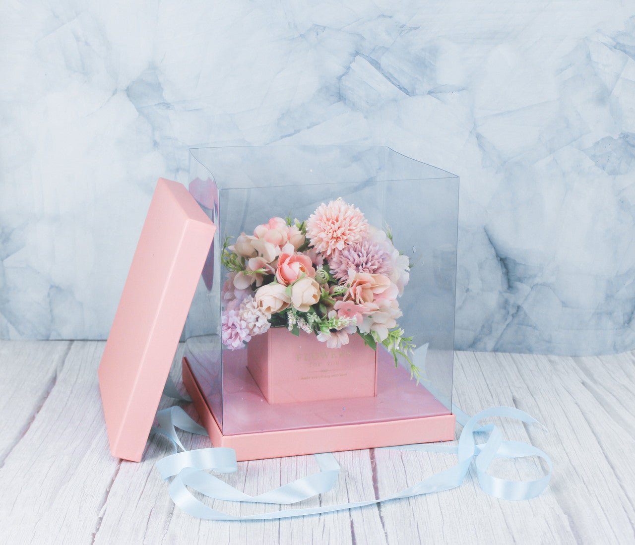 Square Clear Transparent PVC Flower Box with Lid and Base - Elegant Supply