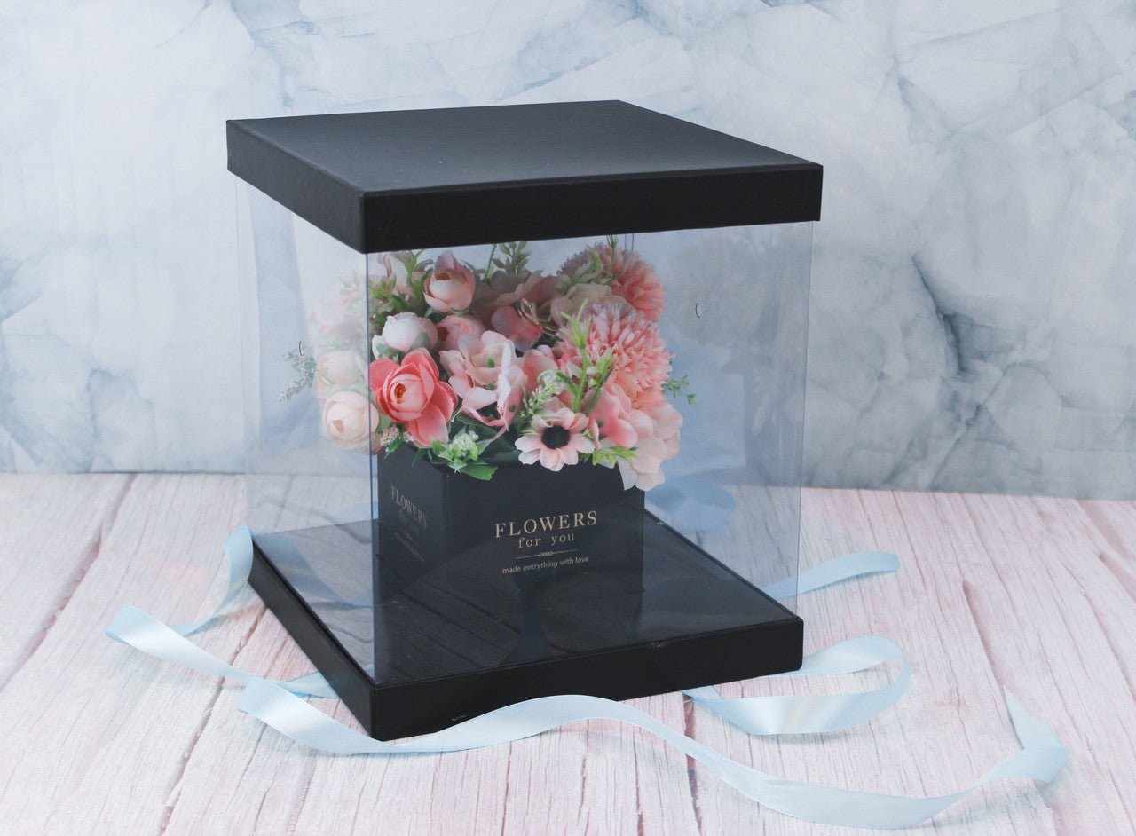 Square Clear Transparent PVC Flower Box with Lid and Base - Elegant Supply