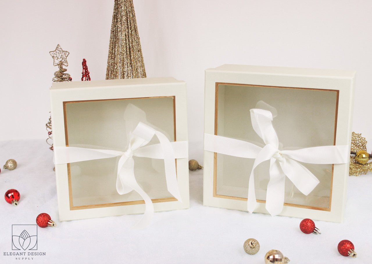 Square Gift Box with Clear Lid and Ribbon - Elegant Supply
