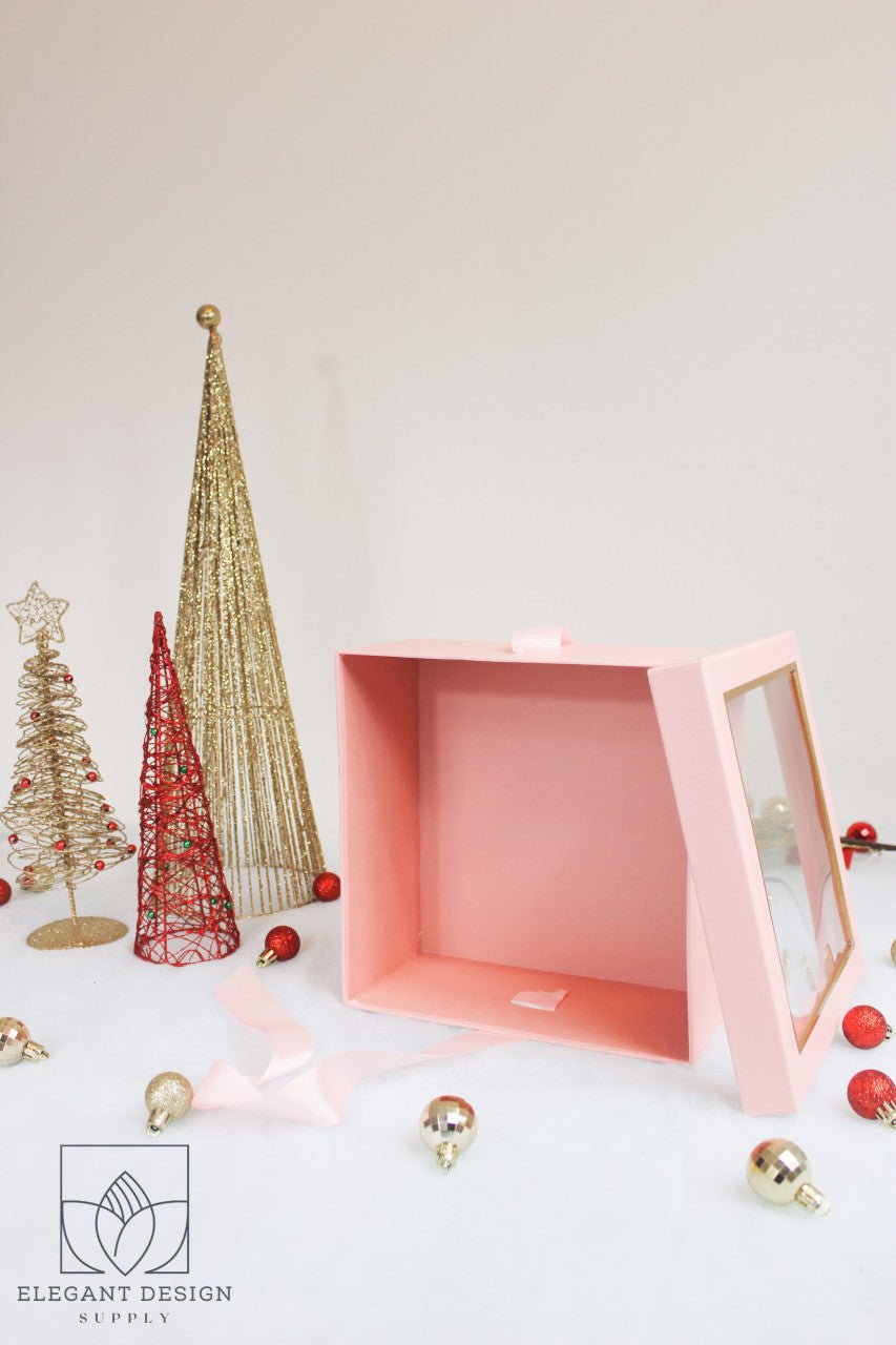 Square Gift Box with Clear Lid and Ribbon - Elegant Supply