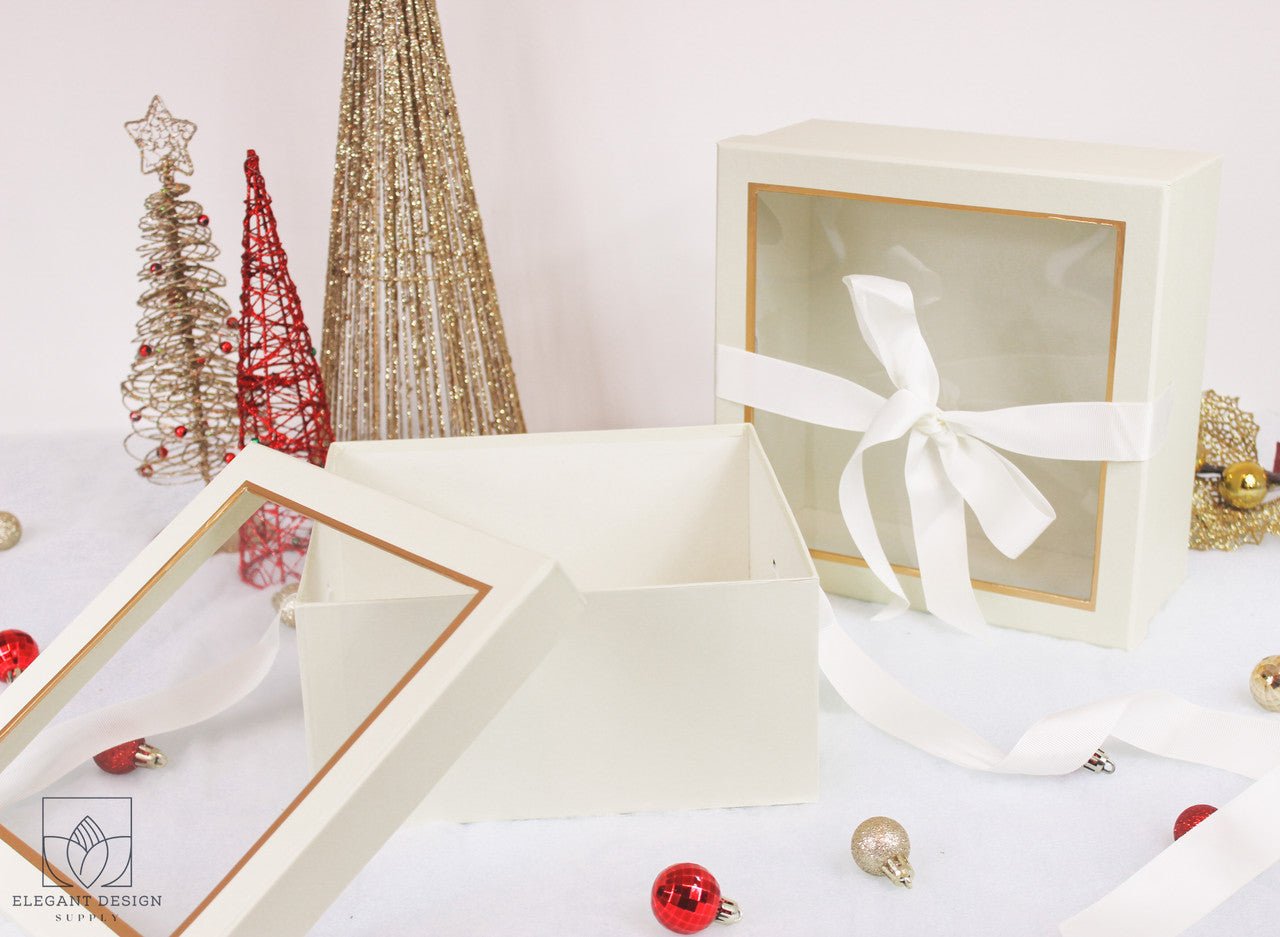 Square Gift Box with Clear Lid and Ribbon - Elegant Supply