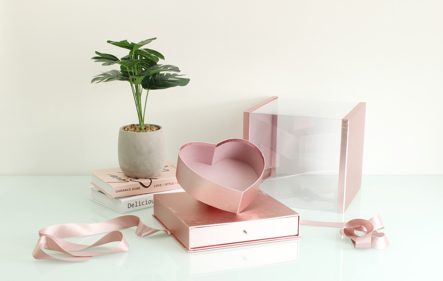 Square PVC Flower Box with Tilted Heart and Drawer - Elegant Supply