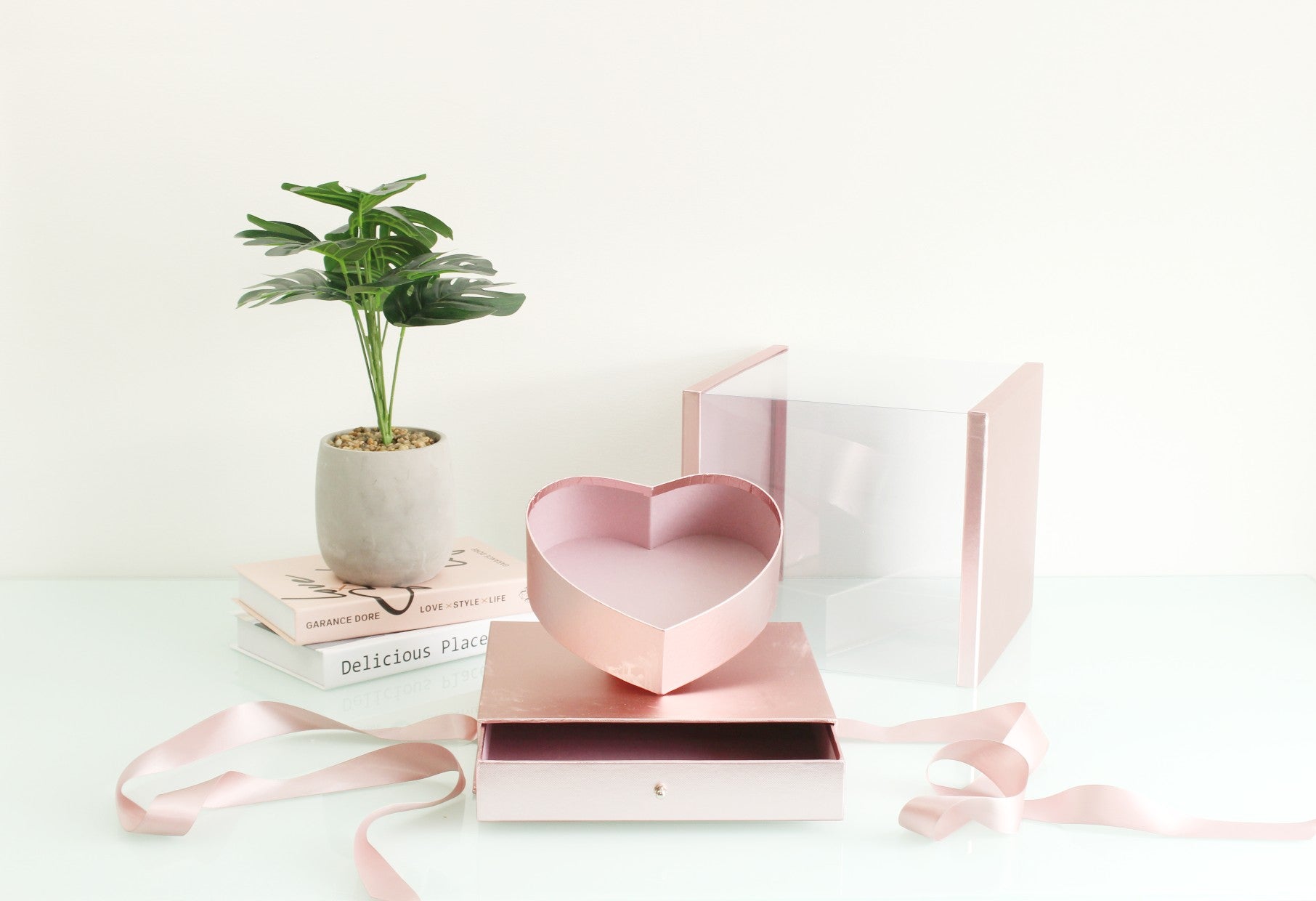 Square PVC Flower Box with Tilted Heart and Drawer - Elegant Supply