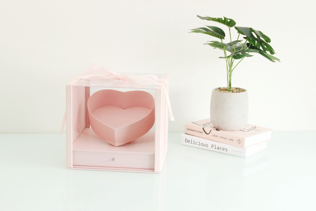 Square PVC Flower Box with Tilted Heart and Drawer - Elegant Supply
