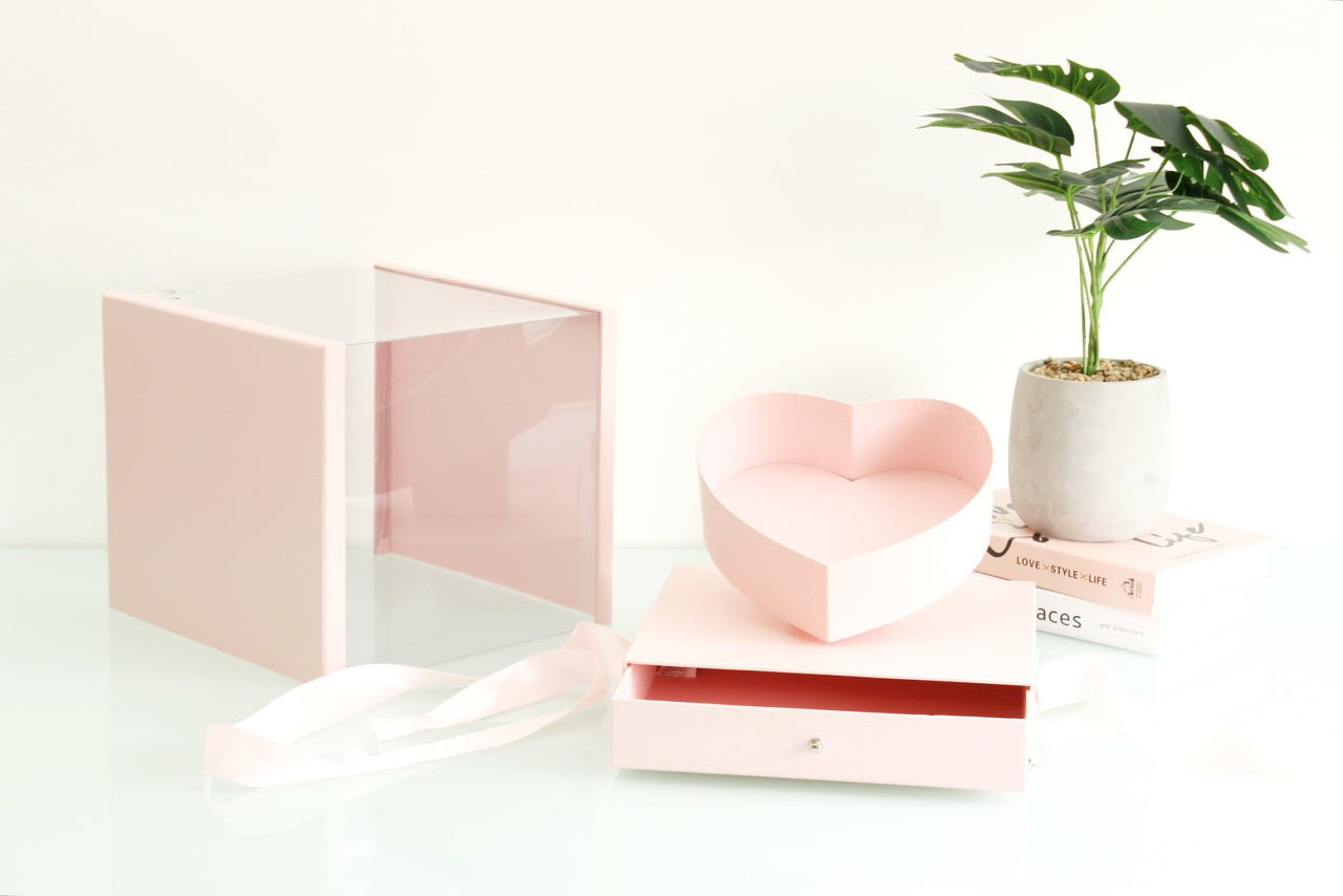 Square PVC Flower Box with Tilted Heart and Drawer - Elegant Supply
