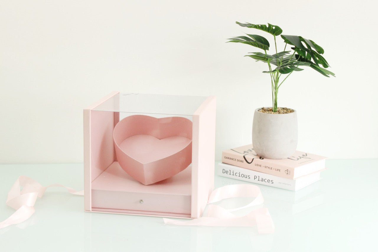 Square PVC Flower Box with Tilted Heart and Drawer - Elegant Supply