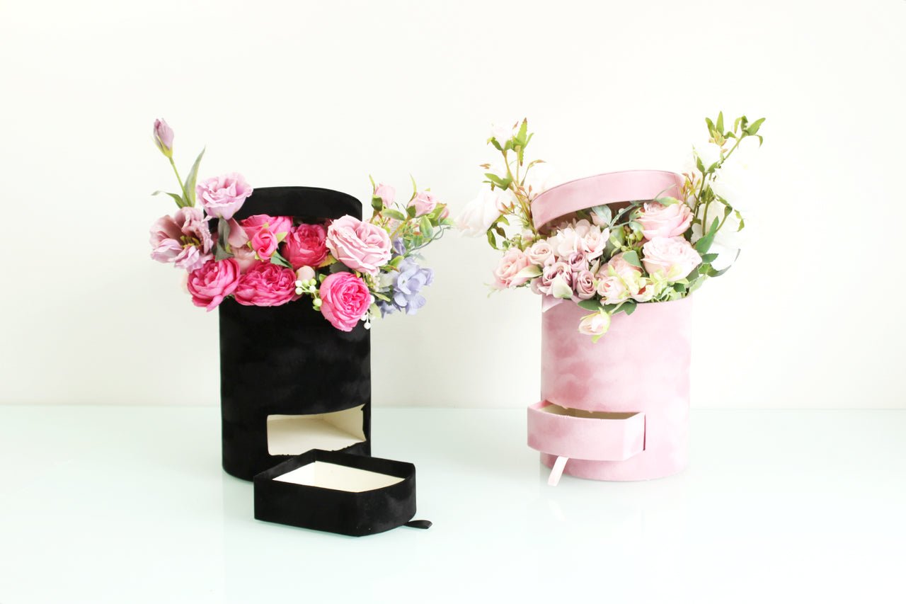 Velvet Round Surprise Flower Box with Drawer - Elegant Supply